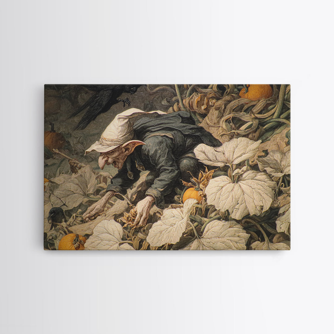 The Pumpkin Patch Goblin, Medieval Grotesque Art, Landscape Wall Art, Dark Fantasy Wall Art, Framed Canvas Print, Halloween Wall Art