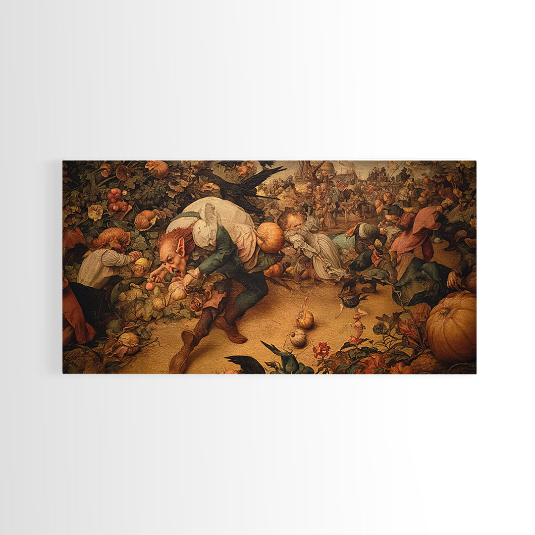 The Pumpkin Patch Goblin, Northern Renaissance Horror, Wide Panoramic Art, Dark Fantasy Wall Art, Framed Canvas Print