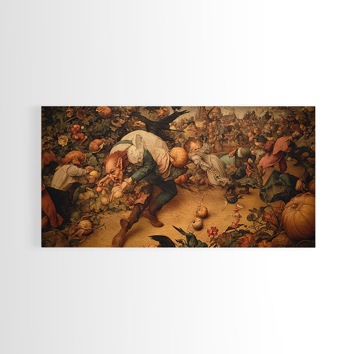 The Pumpkin Patch Goblin, Northern Renaissance Horror, Wide Panoramic Art, Dark Fantasy Wall Art, Framed Canvas Print