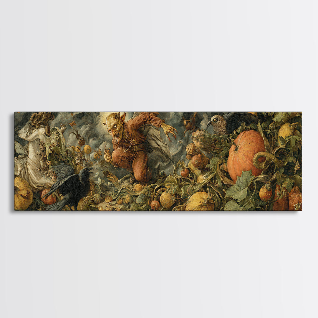The Pumpkin Patch Goblin, Dark Renaissance Art, Extra Wide Wall Art, Gothic Horror Wall Art, Canvas Print, Halloween Wall Art