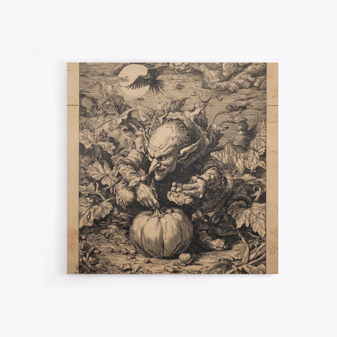 The Pumpkin Patch Goblin, Renaissance Engraving Art, Square Wall Art, Dark Halloween Decor, Framed Canvas Print, Halloween Wall Art