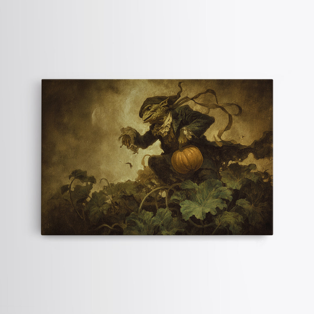 The Pumpkin Patch Goblin, Dark Romantic Horror Art, Landscape Wall Art, Dark Halloween Decor, Framed Canvas Print, Halloween Wall Art