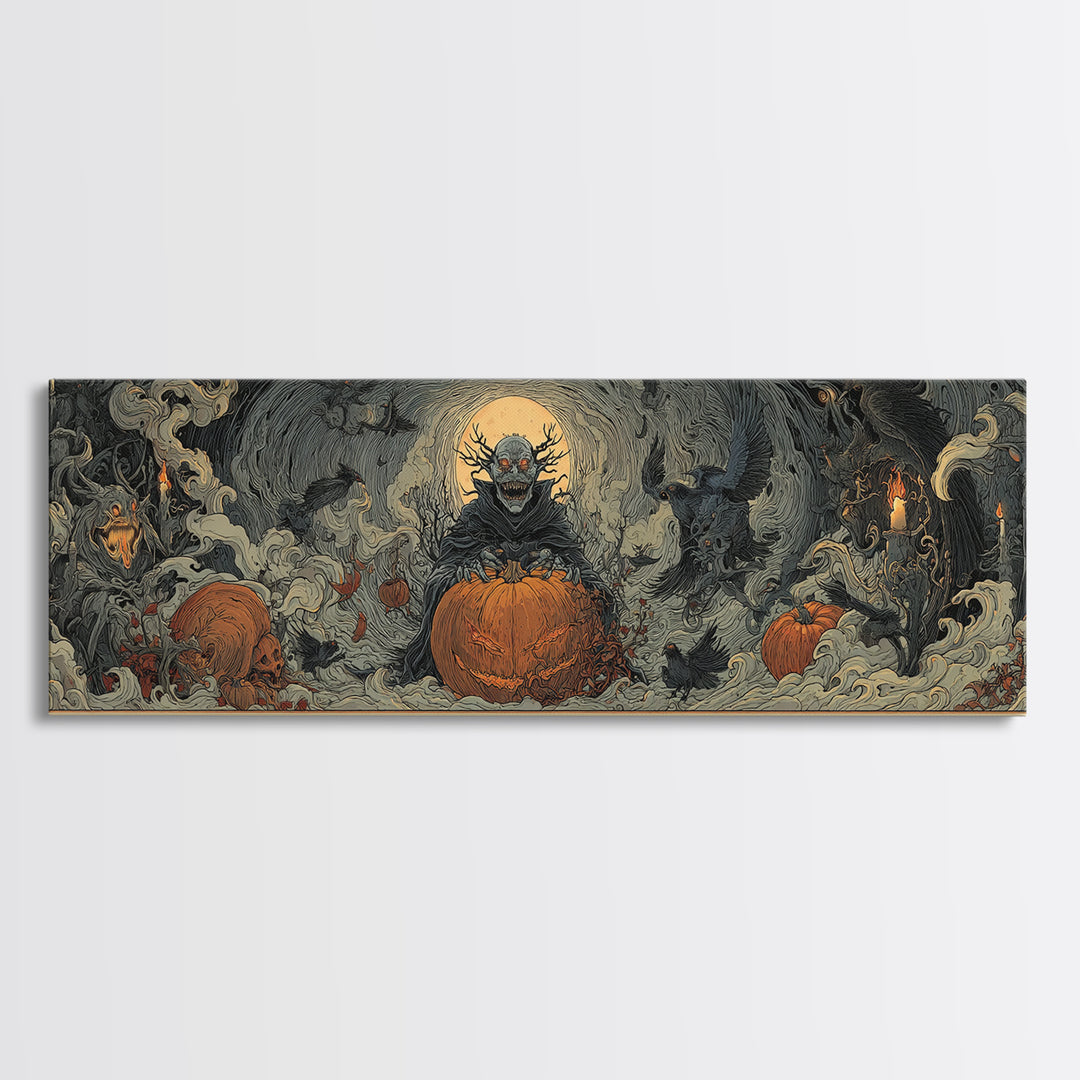 The Pumpkin Patch Goblin, Visionary Gothic Art, Extra Wide Wall Art, Dark Halloween Decor, Canvas Print, Halloween Wall Art