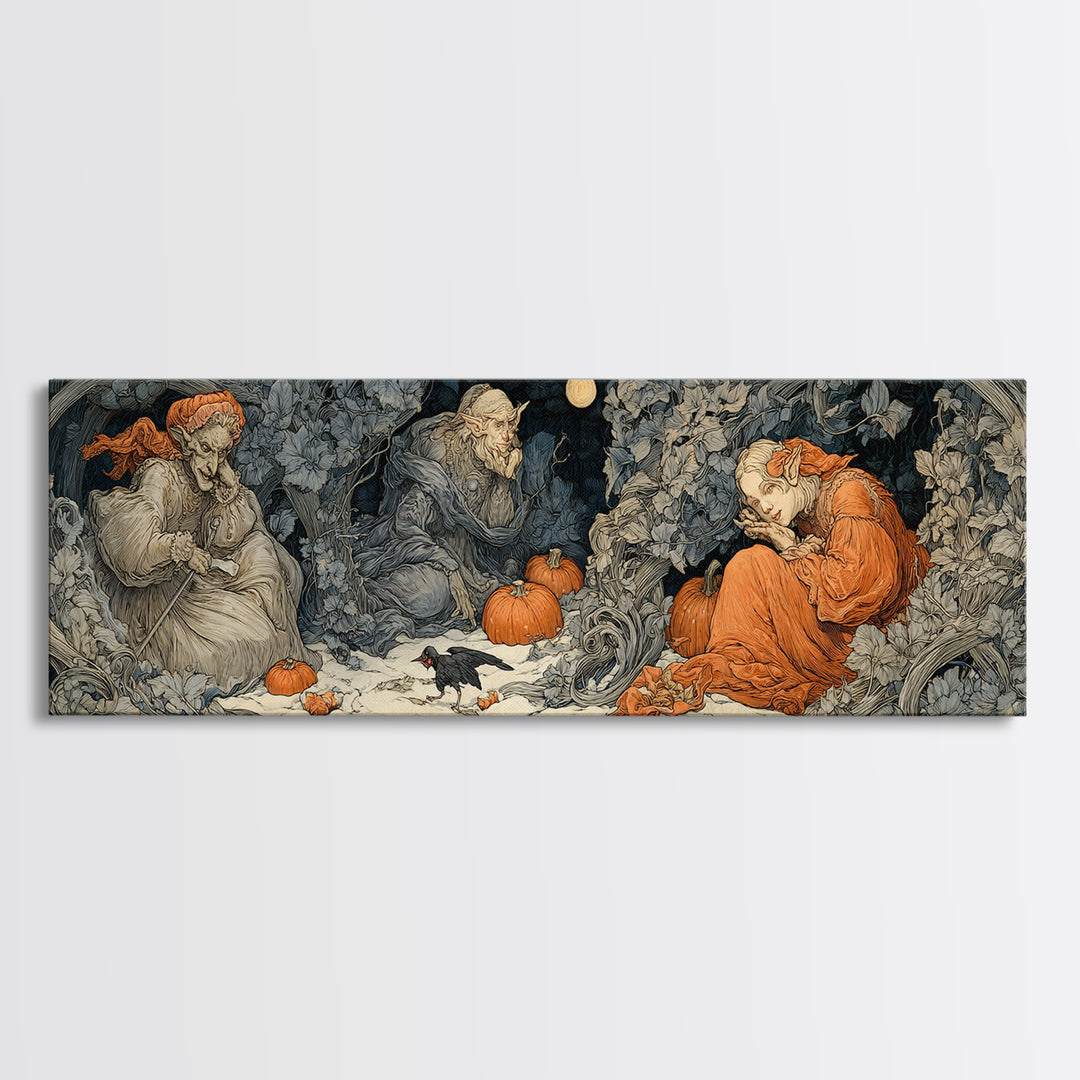 The Pumpkin Patch Goblin, Symbolist Death Art, Extra Wide Wall Art, Macabre Wall Art, Framed Canvas Print, Halloween Wall Art