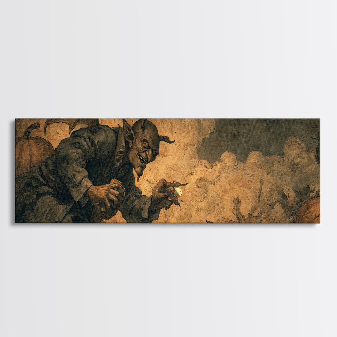 The Pumpkin Patch Goblin, Dark Symbolist Art, Extra Wide Wall Art, Dark Fantasy Wall Art, Canvas Print, Halloween Wall Art