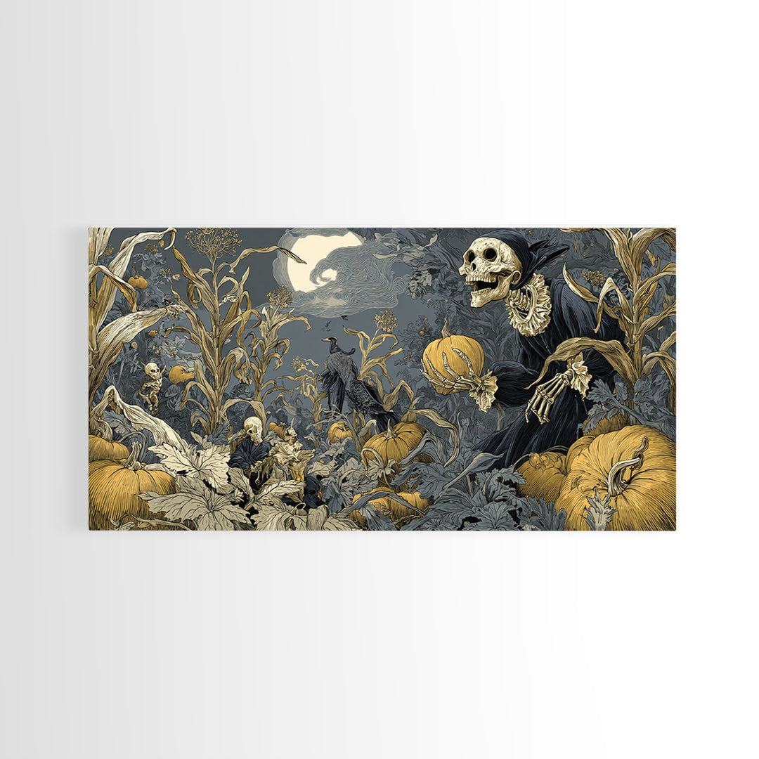 The Pumpkin Patch Goblin, Macabre Folk Print Art, Wide Panoramic Art, Dark Halloween Decor, Framed Canvas Print