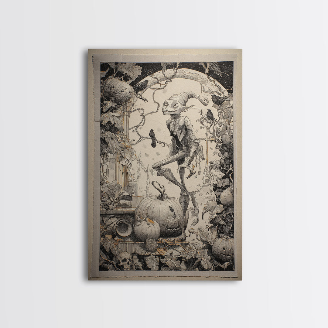 The Pumpkin Patch Goblin, Victorian Macabre Art, Vertical Wall Art, Dark Halloween Decor, Canvas Print, Halloween Wall Art