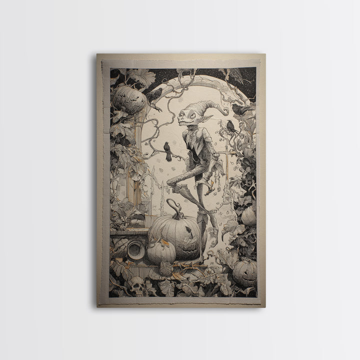 The Pumpkin Patch Goblin, Victorian Macabre Art, Vertical Wall Art, Dark Halloween Decor, Canvas Print, Halloween Wall Art