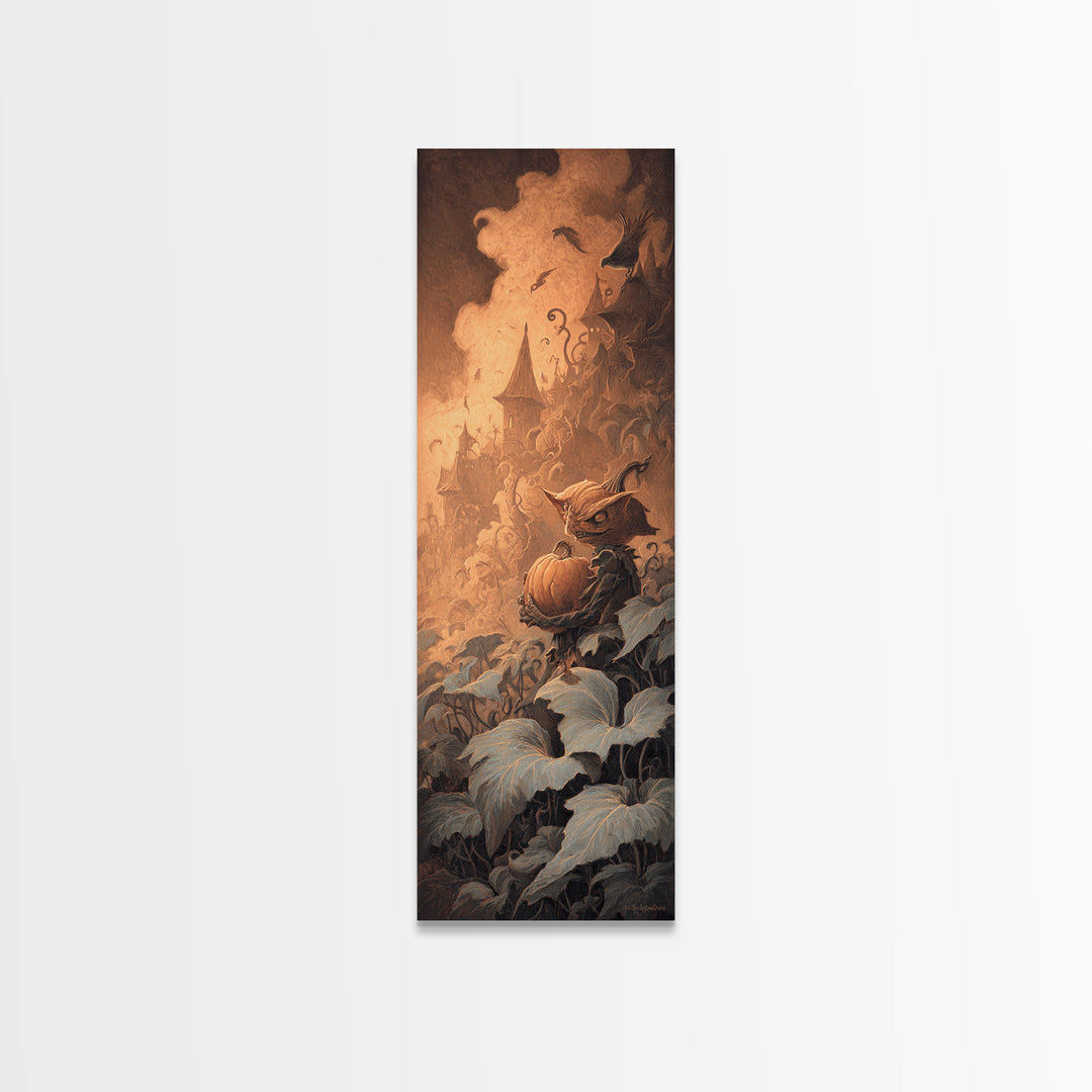 The Pumpkin Patch Goblin, Surreal Apocalyptic Art, Tall Narrow Wall Art, Dark Halloween Decor, Framed Canvas Print