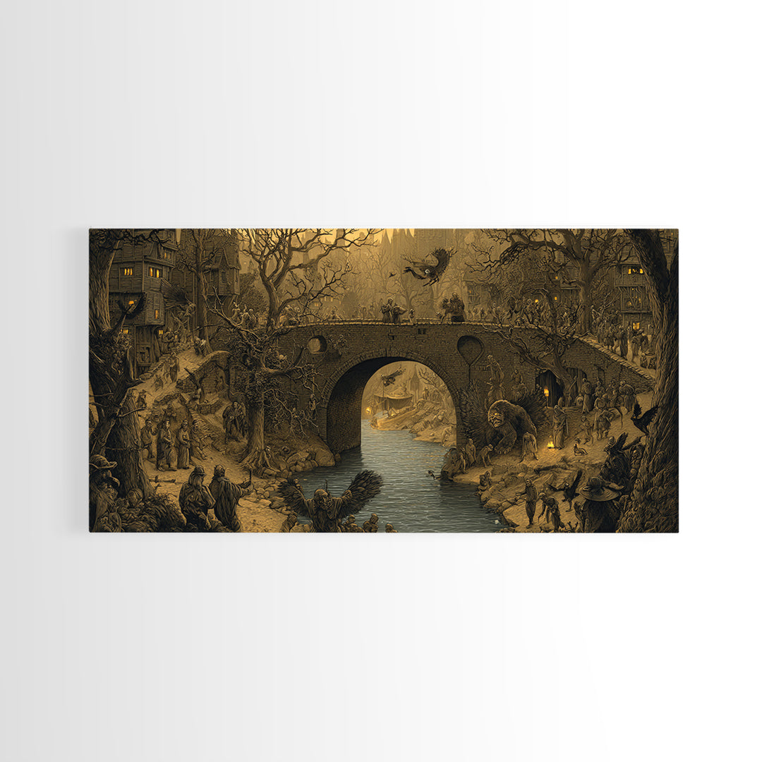 The Bridge Troll At Midnight, Northern Renaissance Horror, Wide Panoramic Art, Gothic Horror Wall Art, Framed Canvas Print