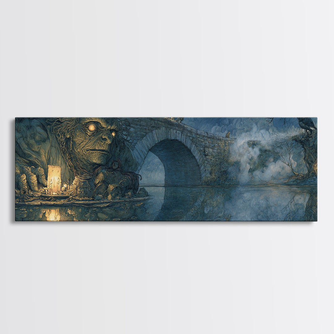 The Bridge Troll At Midnight, Dark Renaissance Art, Extra Wide Wall Art, Macabre Wall Art, Canvas Print, Halloween Wall Art