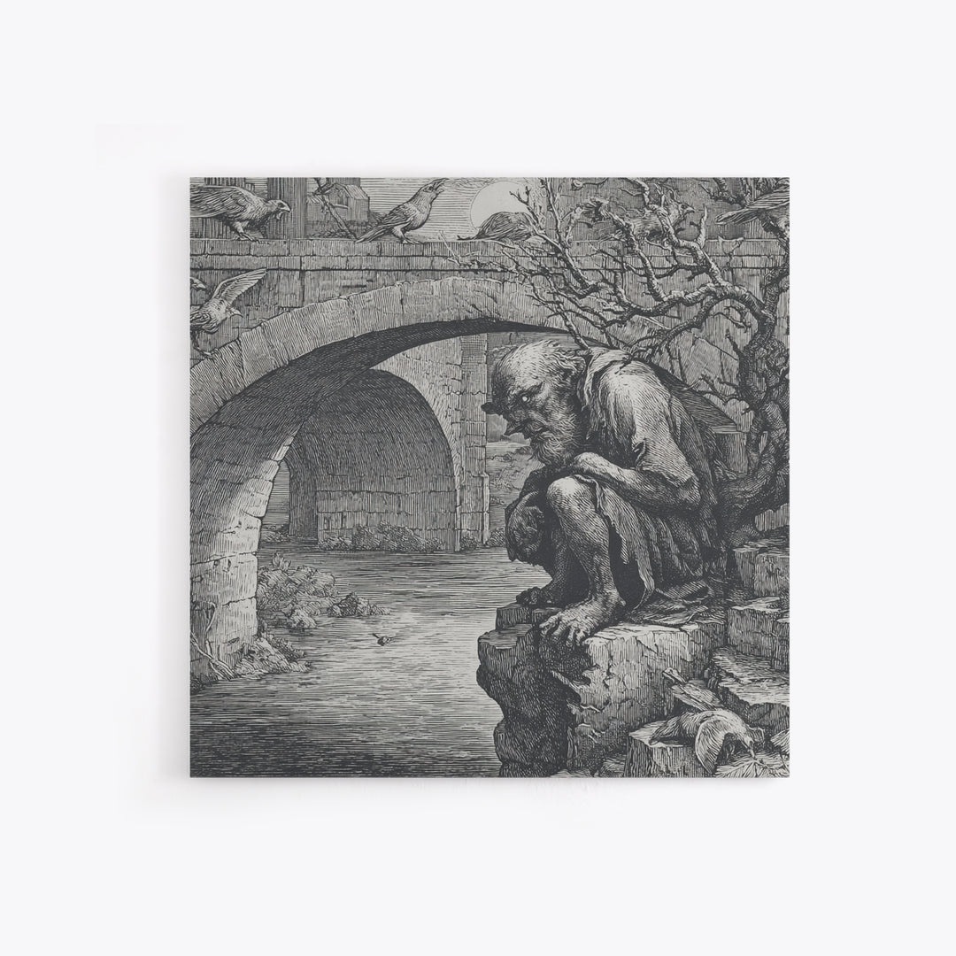 The Bridge Troll At Midnight, Renaissance Engraving Art, Square Wall Art, Gothic Horror Wall Art, Canvas Print, Halloween Wall Art