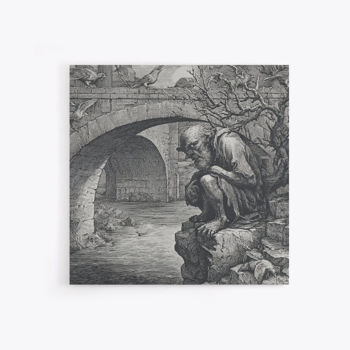 The Bridge Troll At Midnight, Renaissance Engraving Art, Square Wall Art, Gothic Horror Wall Art, Canvas Print, Halloween Wall Art