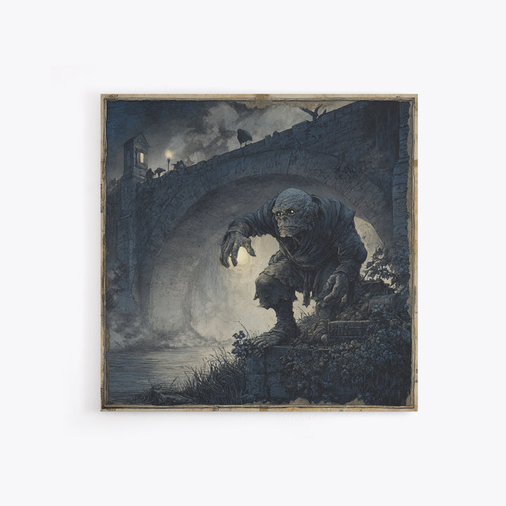 The Bridge Troll At Midnight, Danse Macabre Art, Square Wall Art, Macabre Wall Art, Framed Canvas Print, Halloween Decor