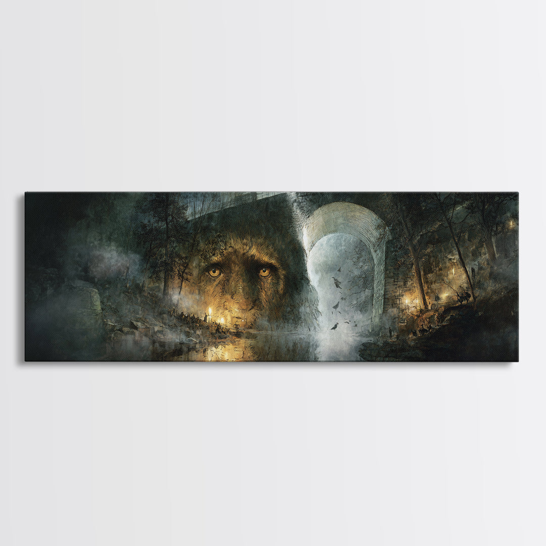 The Bridge Troll At Midnight, Visionary Gothic Art, Extra Wide Wall Art, Dark Halloween Decor, Framed Canvas Print, Halloween Wall Art