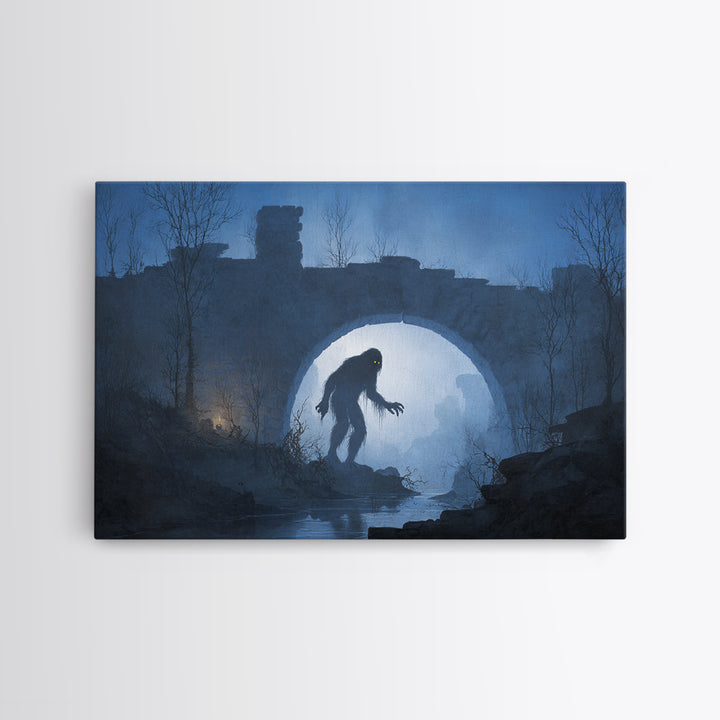 The Bridge Troll At Midnight, Romantic Gothic Landscape, Landscape Wall Art, Macabre Wall Art, Canvas Print, Halloween Wall Art