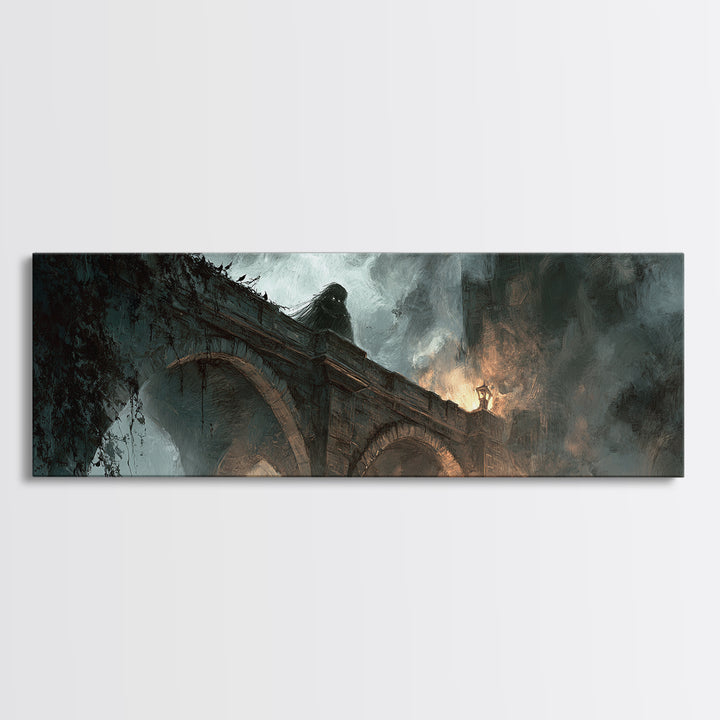 The Bridge Troll At Midnight, Apocalyptic Romantic Art, Extra Wide Wall Art, Dark Halloween Decor, Canvas Print, Halloween Wall Art