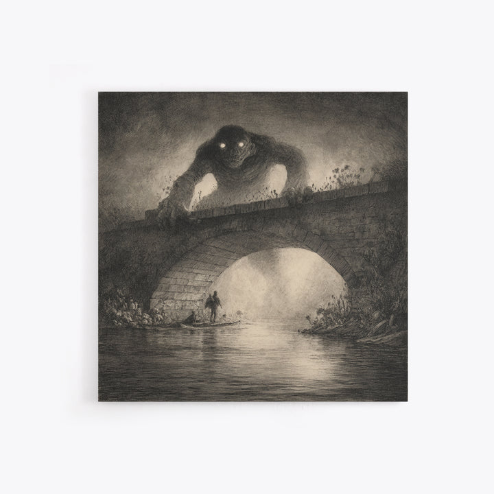 The Bridge Troll At Midnight, Symbolist Dream Art, Square Wall Art, Gothic Horror Wall Art, Framed Canvas Print, Halloween Wall Art