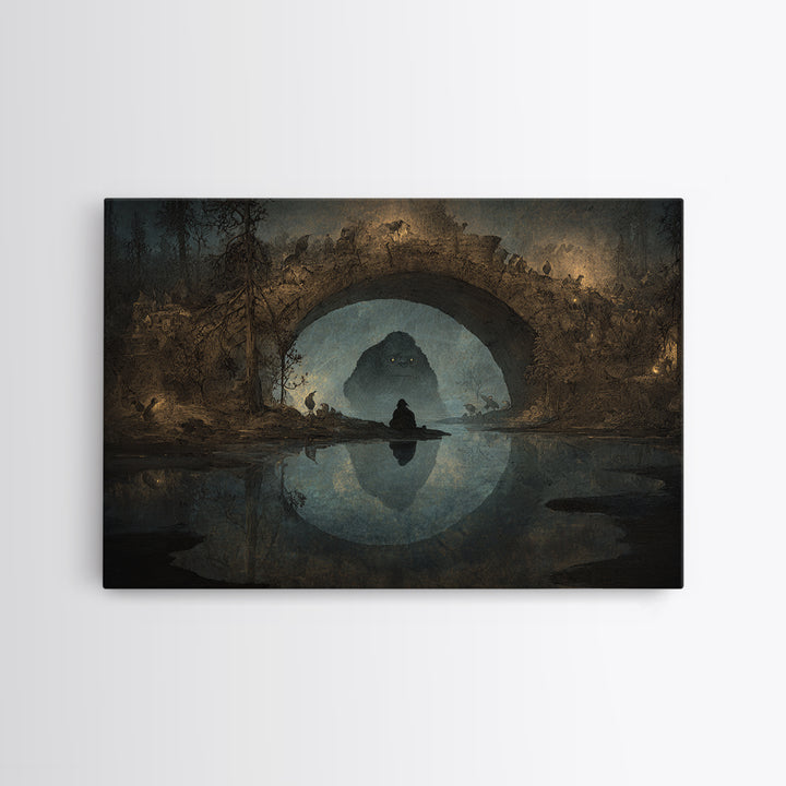 The Bridge Troll At Midnight, Symbolist Gothic Landscape, Landscape Wall Art, Dark Halloween Decor, Canvas Print, Halloween Wall Art