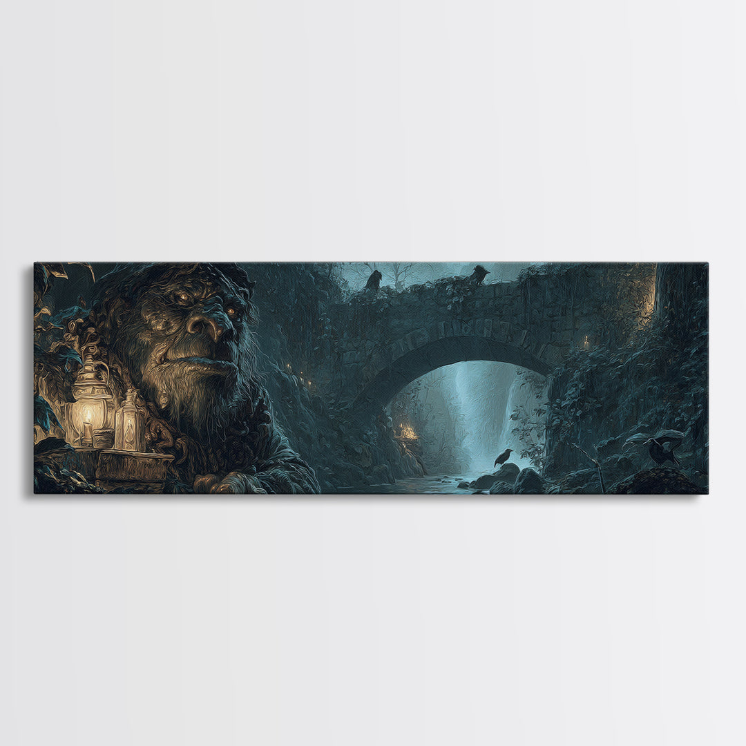 The Bridge Troll At Midnight, Ornate Symbolist Art, Extra Wide Wall Art, Dark Halloween Decor, Framed Canvas Print