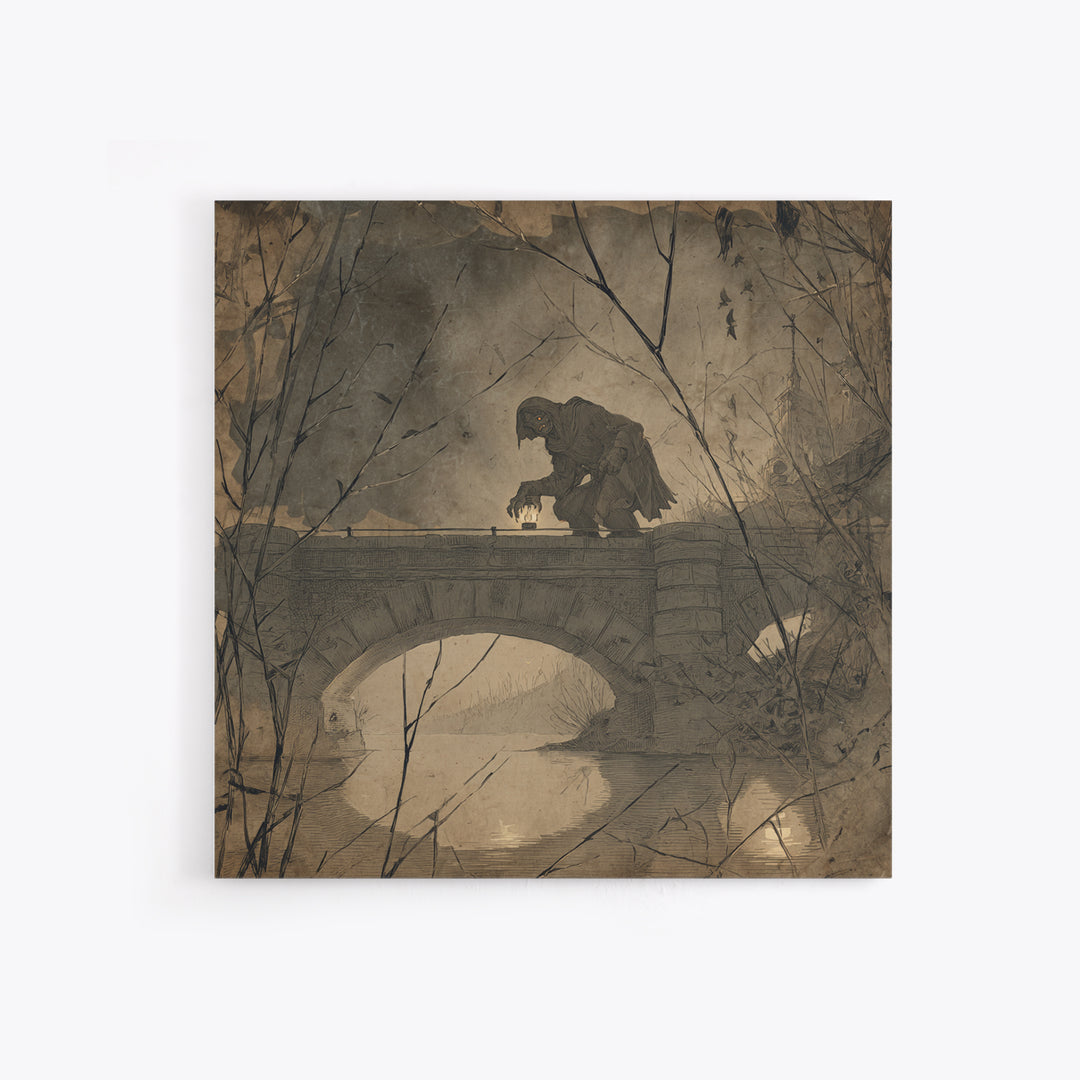 The Bridge Troll At Midnight, Decadent Gothic Art, Square Wall Art, Gothic Horror Wall Art, Canvas Print, Halloween Wall Art