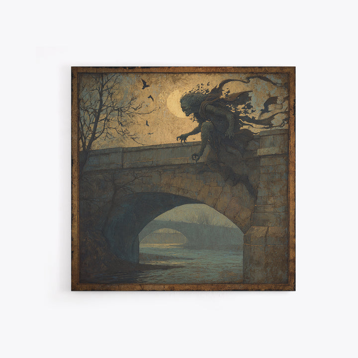 The Bridge Troll At Midnight, Dark Symbolist Art, Square Wall Art, Dark Fantasy Wall Art, Framed Canvas Print, Halloween Wall Art