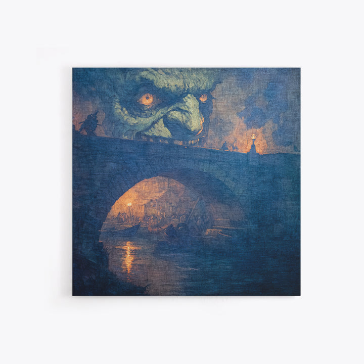 The Bridge Troll At Midnight, Grotesque Carnival Art, Square Wall Art, Dark Halloween Decor, Framed Canvas Print, Halloween Wall Art