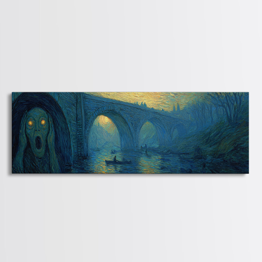 The Bridge Troll At Midnight, Expressionist Gothic Art, Extra Wide Wall Art, Gothic Horror Wall Art, Framed Canvas Print, Spooky Wall Decor