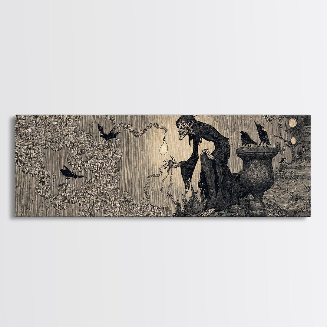 The Bridge Troll At Midnight, Decadent Line Art, Extra Wide Wall Art, Dark Fantasy Wall Art, Canvas Print, Halloween Wall Art