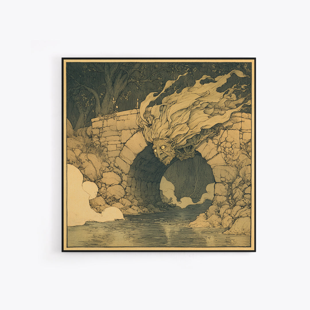 The Bridge Troll At Midnight, Gothic Storybook Art, Square Wall Art, Macabre Wall Art, Framed Canvas Print, Halloween Wall Art