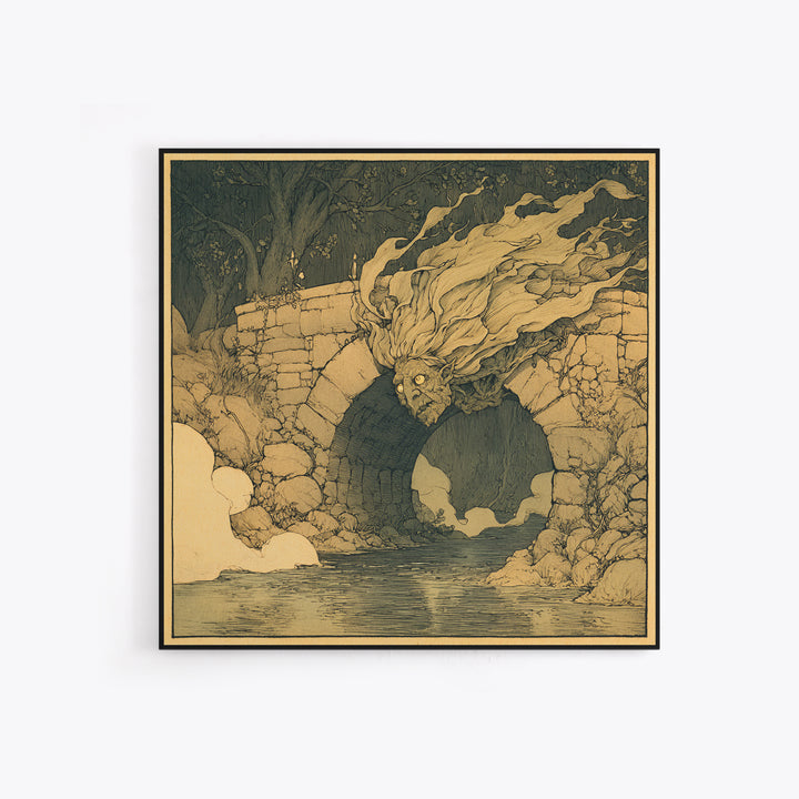 The Bridge Troll At Midnight, Gothic Storybook Art, Square Wall Art, Macabre Wall Art, Framed Canvas Print, Halloween Wall Art