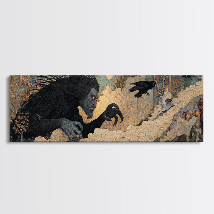 The Bridge Troll At Midnight, Stained Glass Gothic Art, Extra Wide Wall Art, Macabre Wall Art, Canvas Print, Halloween Wall Art