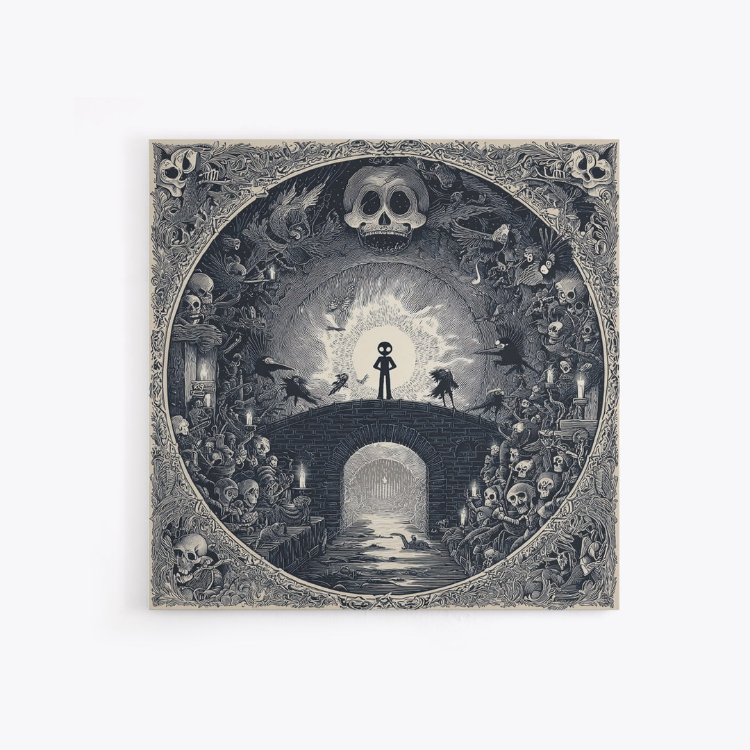 The Bridge Troll At Midnight, Macabre Folk Print Art, Square Wall Art, Gothic Horror Wall Art, Framed Canvas Print