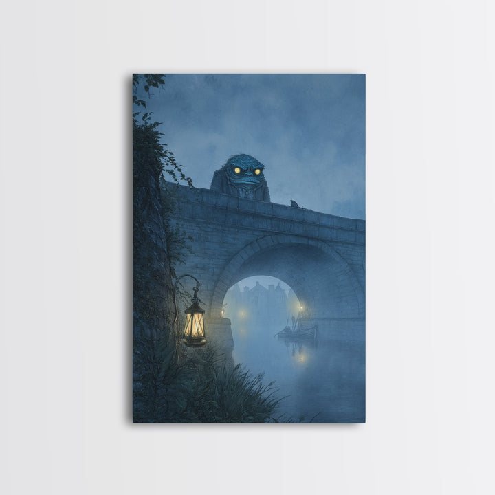 The Bridge Troll At Midnight, Victorian Macabre Art, Vertical Wall Art, Dark Fantasy Wall Art, Framed Canvas Print, Halloween Wall Art