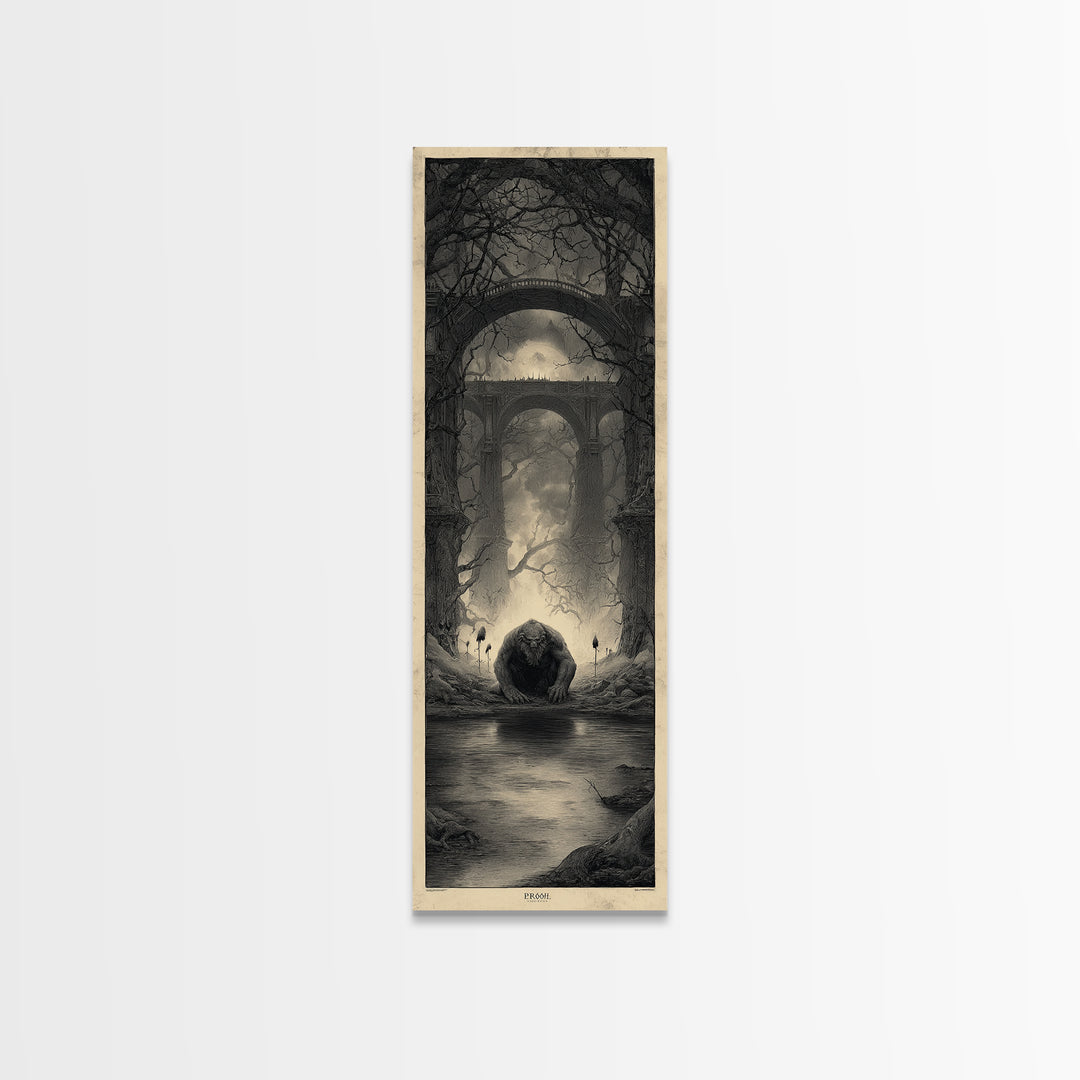 The Bridge Troll At Midnight, Surreal Apocalyptic Art, Tall Narrow Wall Art, Gothic Horror Wall Art, Canvas Print