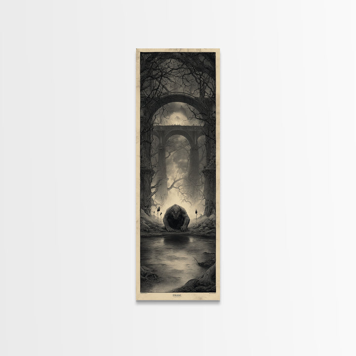The Bridge Troll At Midnight, Surreal Apocalyptic Art, Tall Narrow Wall Art, Gothic Horror Wall Art, Canvas Print