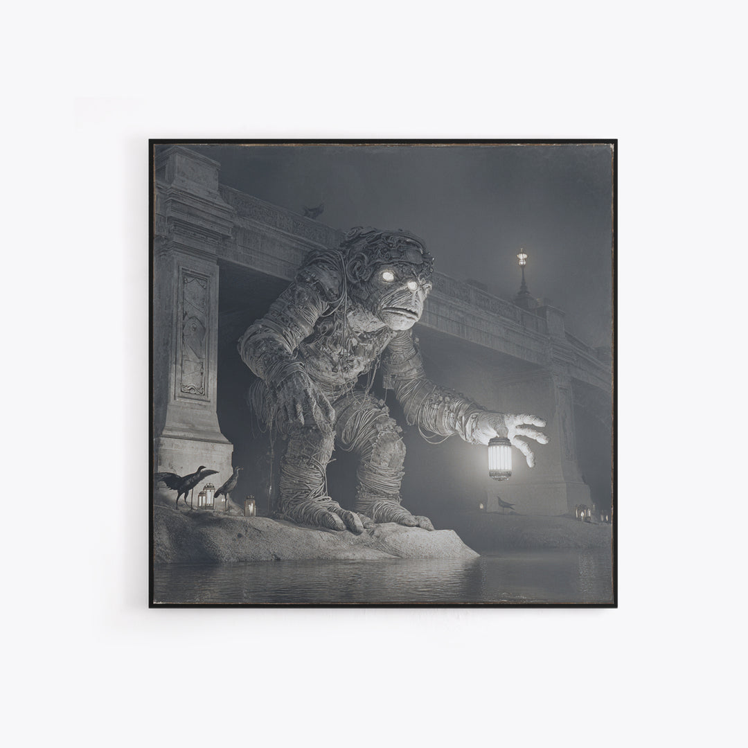 The Bridge Troll At Midnight, Biomechanical Horror Art, Square Wall Art, Dark Halloween Decor, Canvas Print, Halloween Wall Art