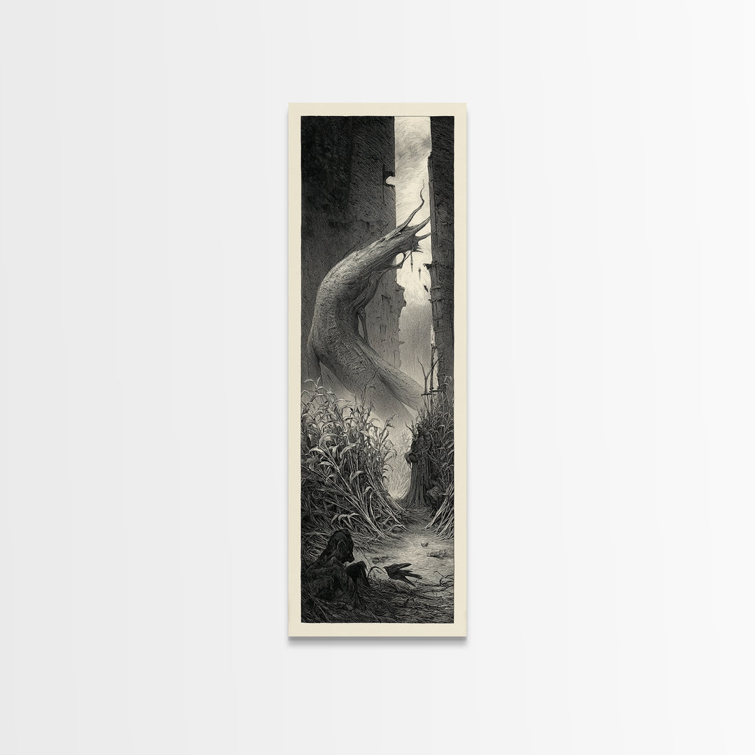 The Cornfield Crawler, Gothic Engraving Art, Tall Narrow Wall Art, Dark Halloween Decor, Canvas Print, Halloween Wall Art
