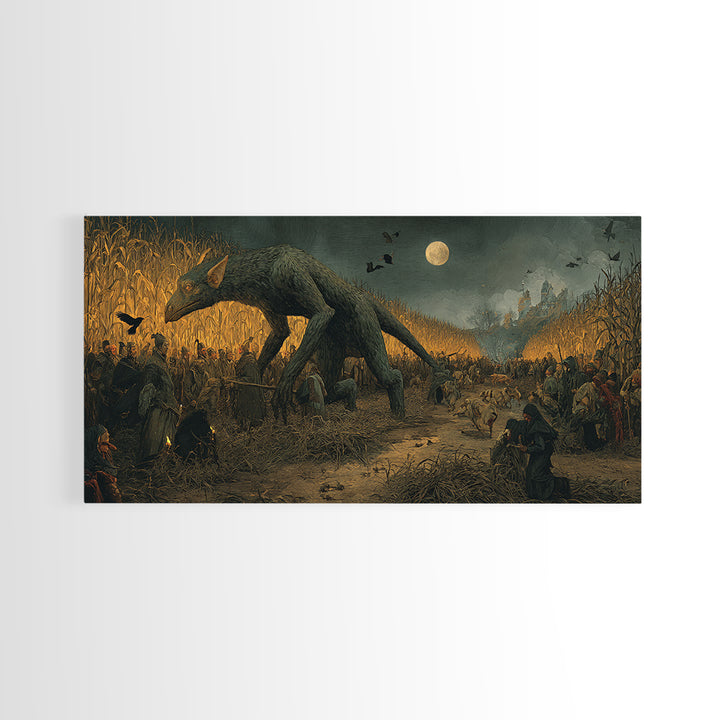 The Cornfield Crawler, Northern Renaissance Horror, Wide Panoramic Art, Macabre Wall Art, Canvas Print, Halloween Wall Art