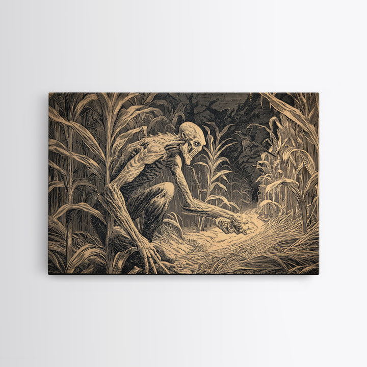 The Cornfield Crawler, Architectural Etching Art, Landscape Wall Art, Dark Fantasy Wall Art, Framed Canvas Print