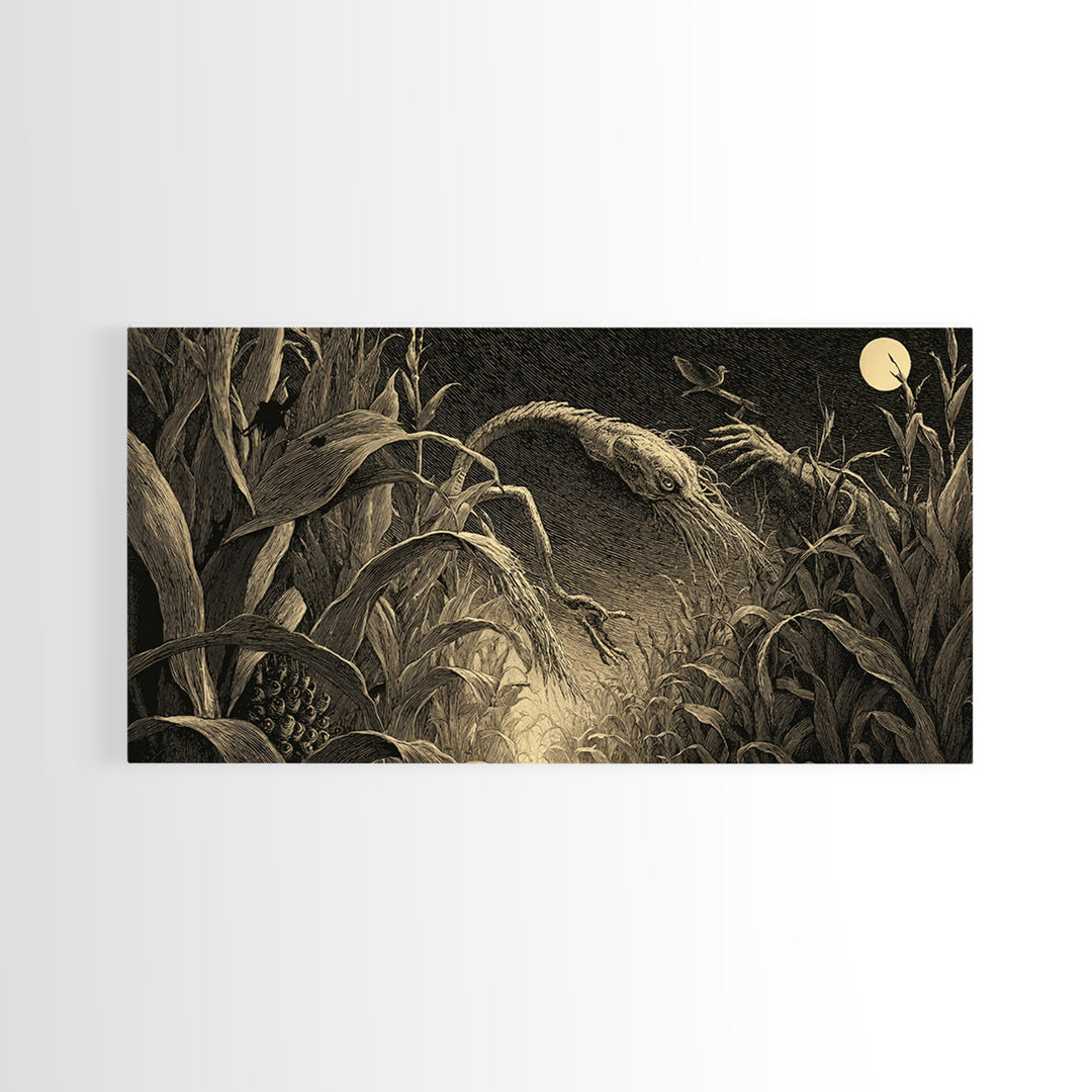 The Cornfield Crawler, Expressionist Nightmare Art, Wide Panoramic Art, Dark Fantasy Wall Art, Canvas Print, Halloween Wall Art