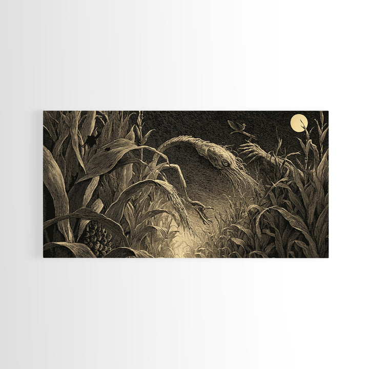 The Cornfield Crawler, Expressionist Nightmare Art, Wide Panoramic Art, Dark Fantasy Wall Art, Canvas Print, Halloween Wall Art