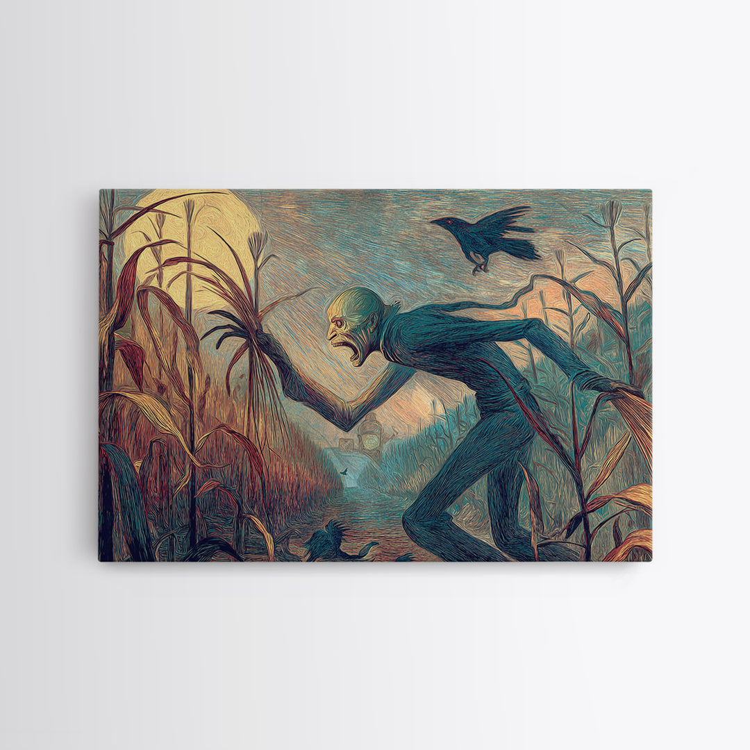 The Cornfield Crawler, Expressionist Gothic Art, Landscape Wall Art, Gothic Horror Wall Art, Framed Canvas Print, Halloween Wall Art