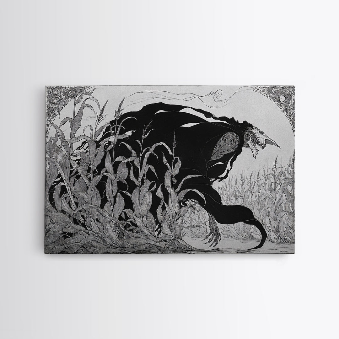 The Cornfield Crawler, Decadent Line Art, Landscape Wall Art, Dark Halloween Decor, Canvas Print, Halloween Wall Art
