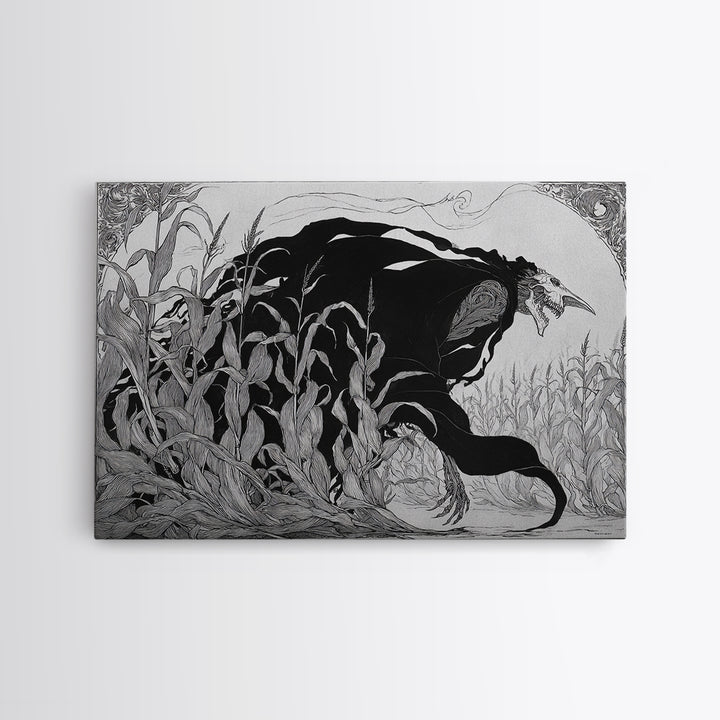 The Cornfield Crawler, Decadent Line Art, Landscape Wall Art, Dark Halloween Decor, Canvas Print, Halloween Wall Art