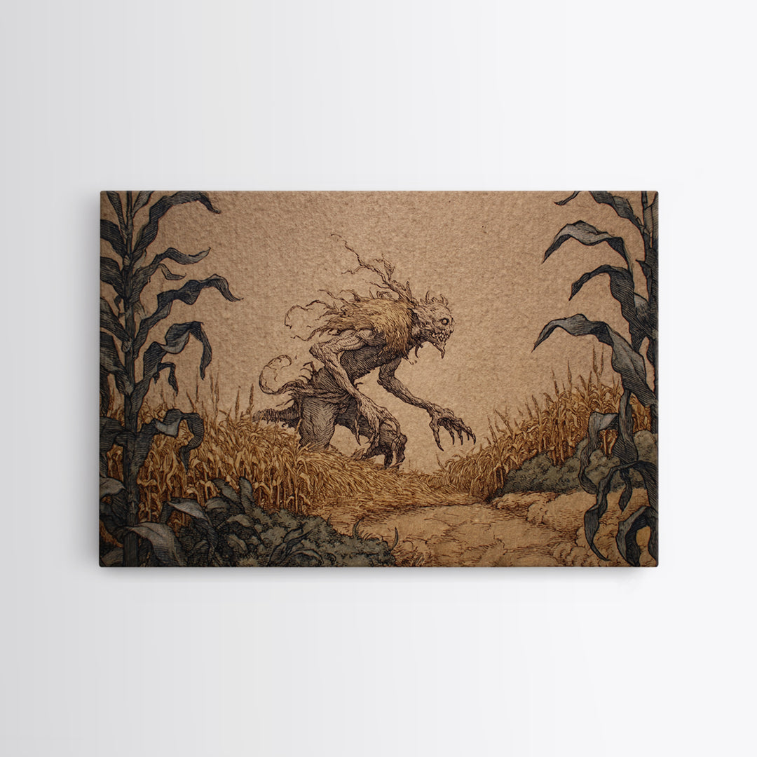 The Cornfield Crawler, Gothic Storybook Art, Landscape Wall Art, Dark Halloween Decor, Canvas Print, Halloween Wall Art
