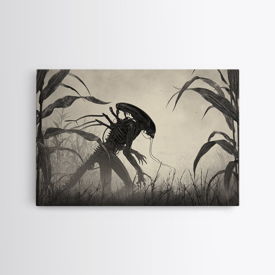 The Cornfield Crawler, Biomechanical Horror Art, Landscape Wall Art, Macabre Wall Art, Canvas Print, Halloween Wall Art, Spooky Wall Decor