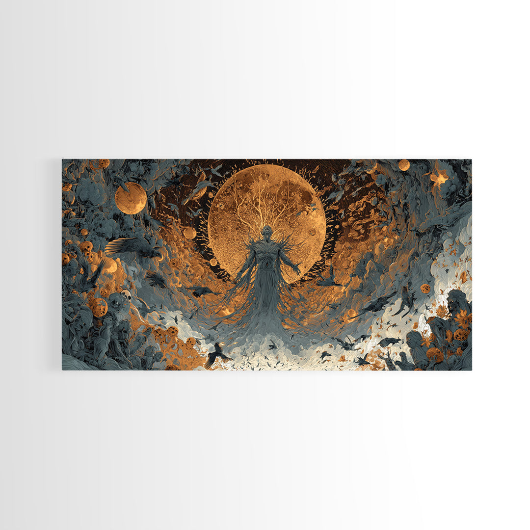 The Harvest Demon, Apocalyptic Romantic Art, Wide Panoramic Art, Macabre Wall Art, Framed Canvas Print, Halloween Wall Art