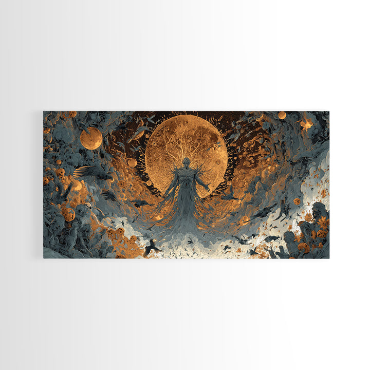 The Harvest Demon, Apocalyptic Romantic Art, Wide Panoramic Art, Macabre Wall Art, Framed Canvas Print, Halloween Wall Art