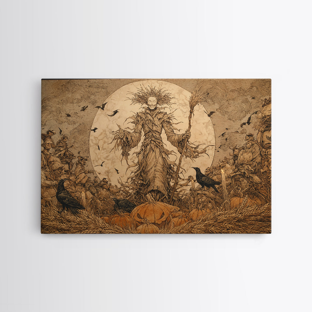 The Harvest Demon, Gothic Storybook Art, Landscape Wall Art, Dark Halloween Decor, Framed Canvas Print, Halloween Wall Art